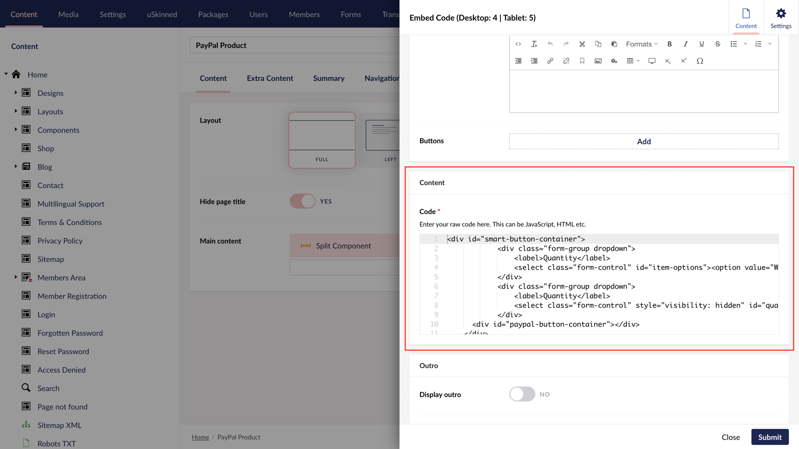 Embed PayPal code into uSkinned.