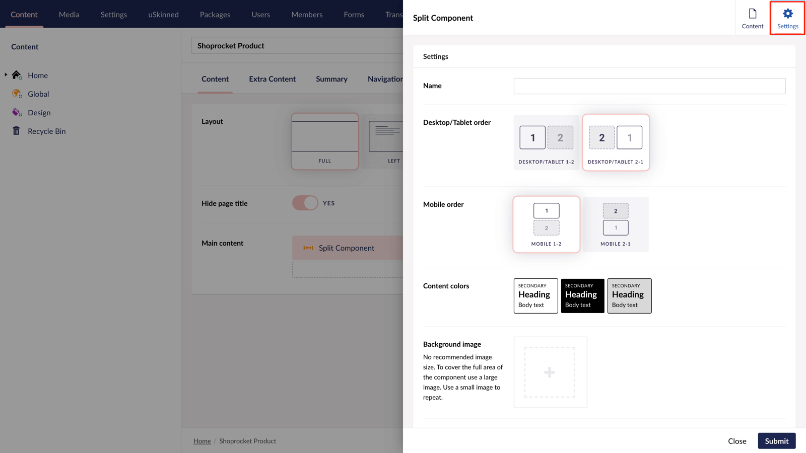 Split component settings in Umbraco.
