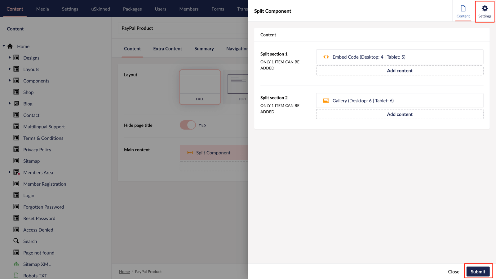 Split component settings in Umbraco.