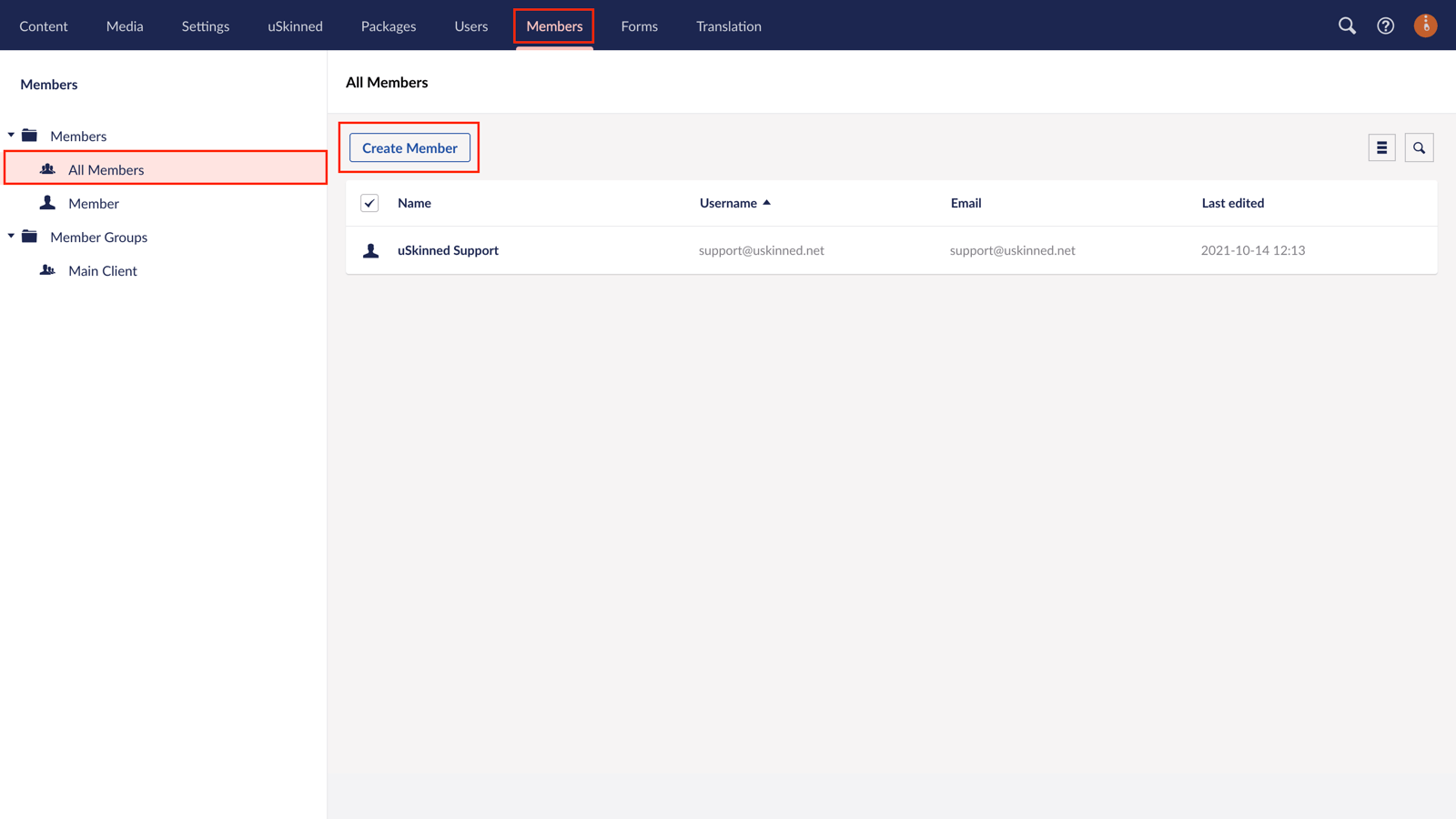 Create a member in uSkinned for Umbraco.