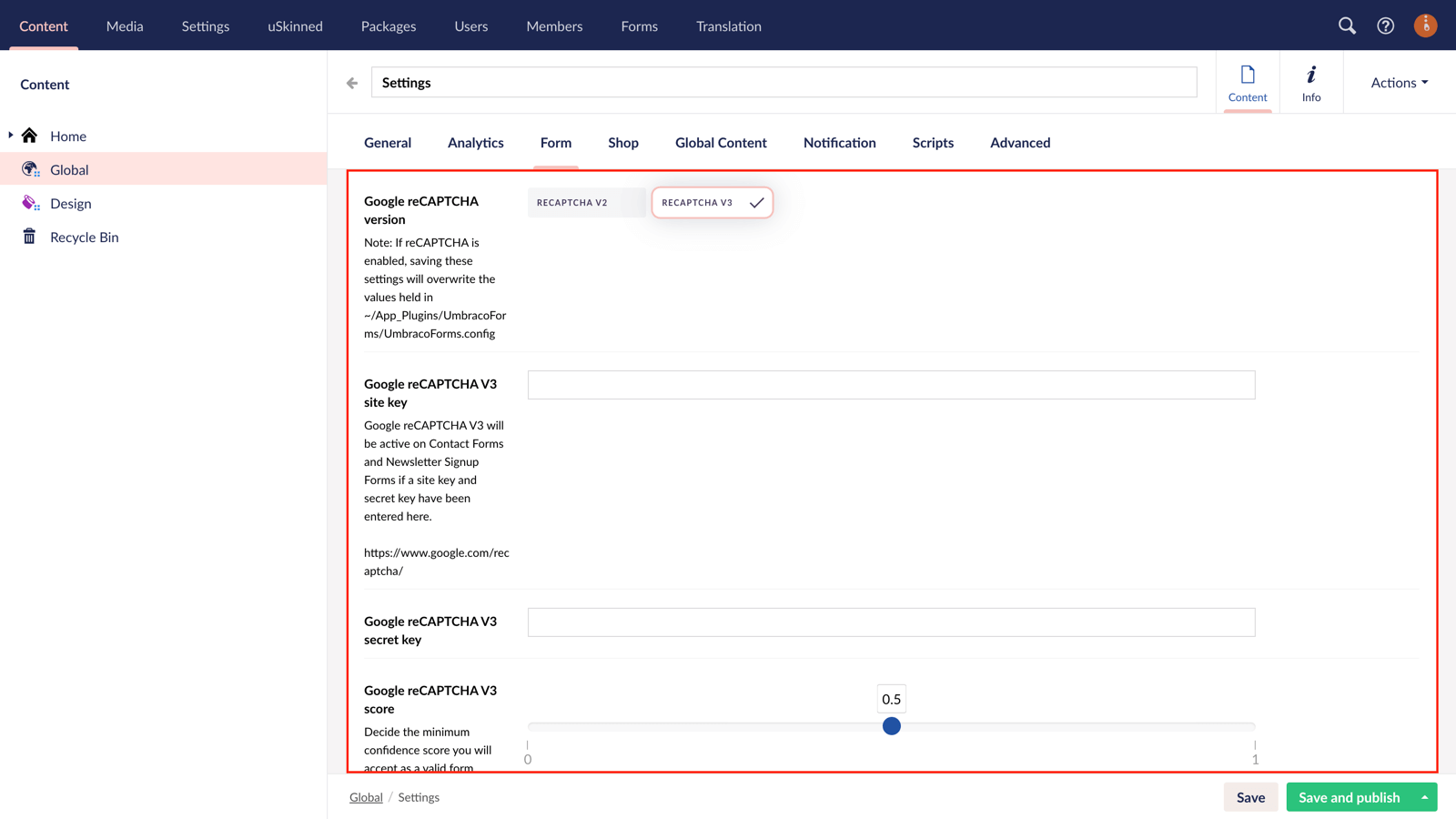 New Google Recaptcha v3 and v2 options in uSkinned for Umbraco CMS.