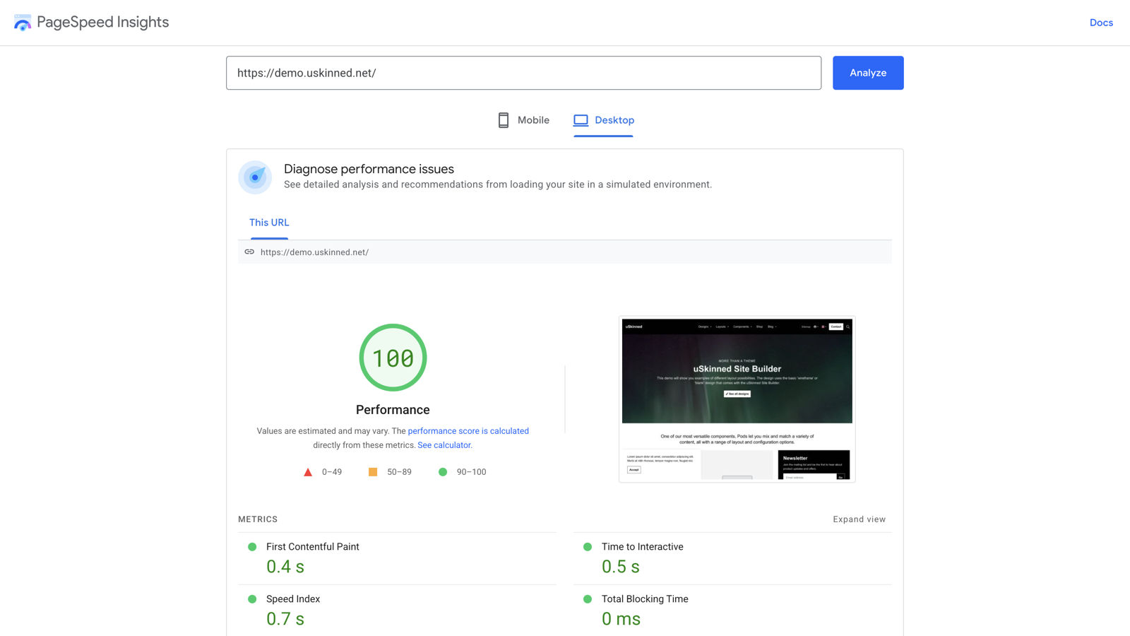 uSkinned Site Builder scores 99 out of 100 on PageSpeed Insights.