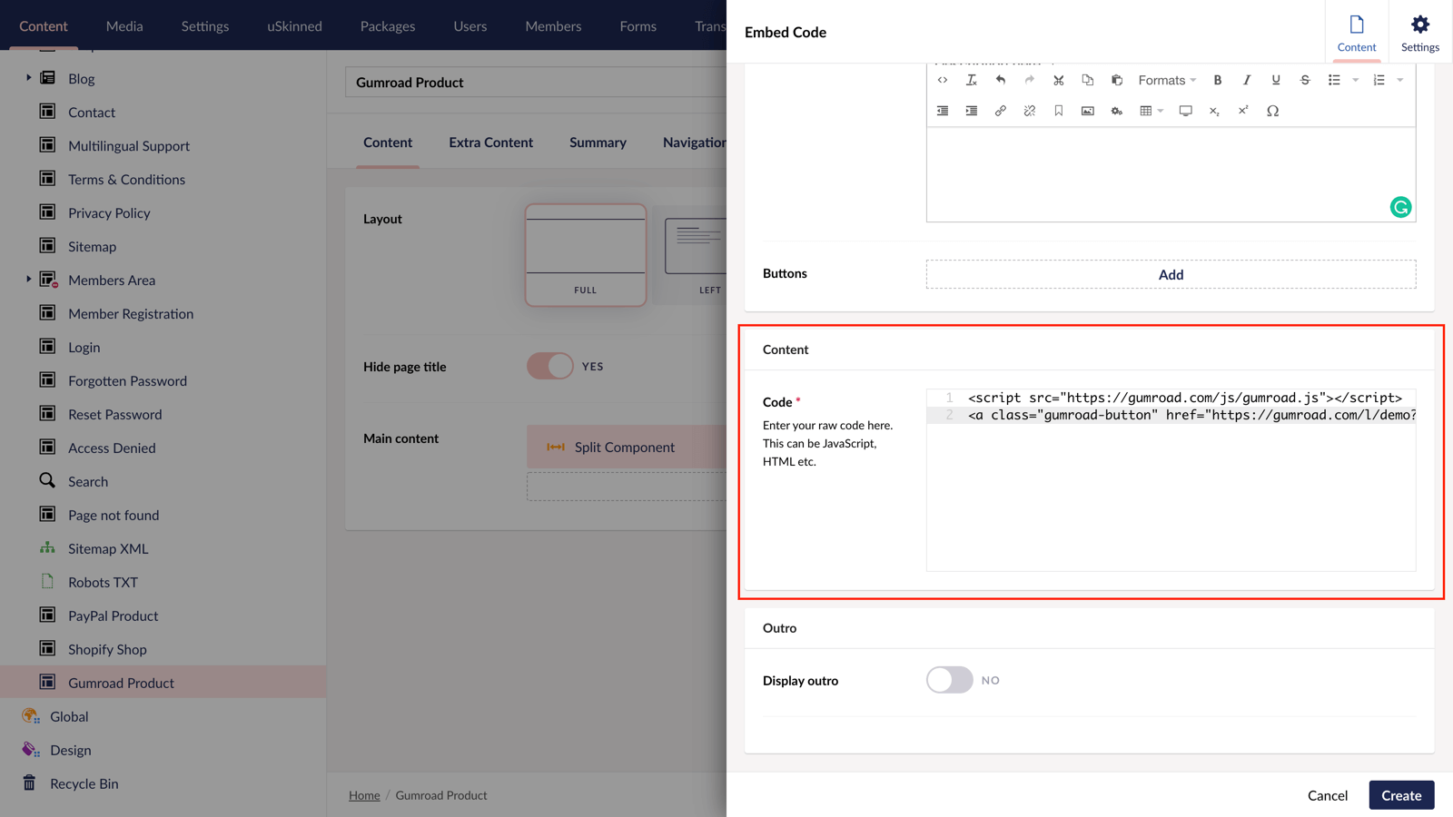 Embed Gumroad provided code into Umbraco.