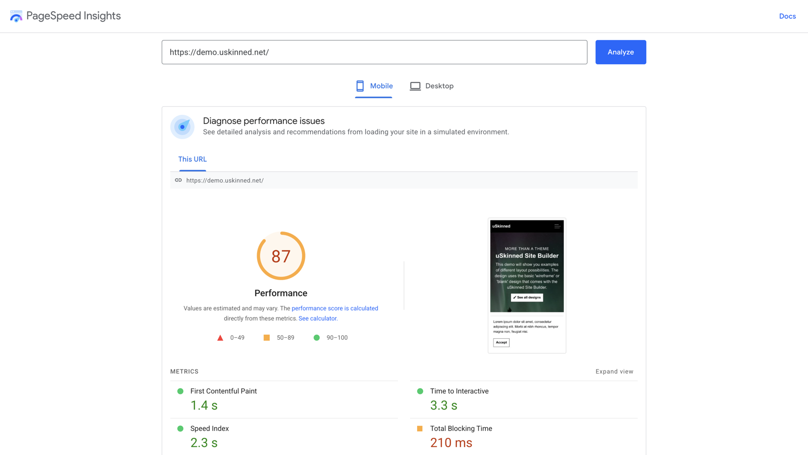 uSkinned Site Builder mobile score on PageSpeed Insights.