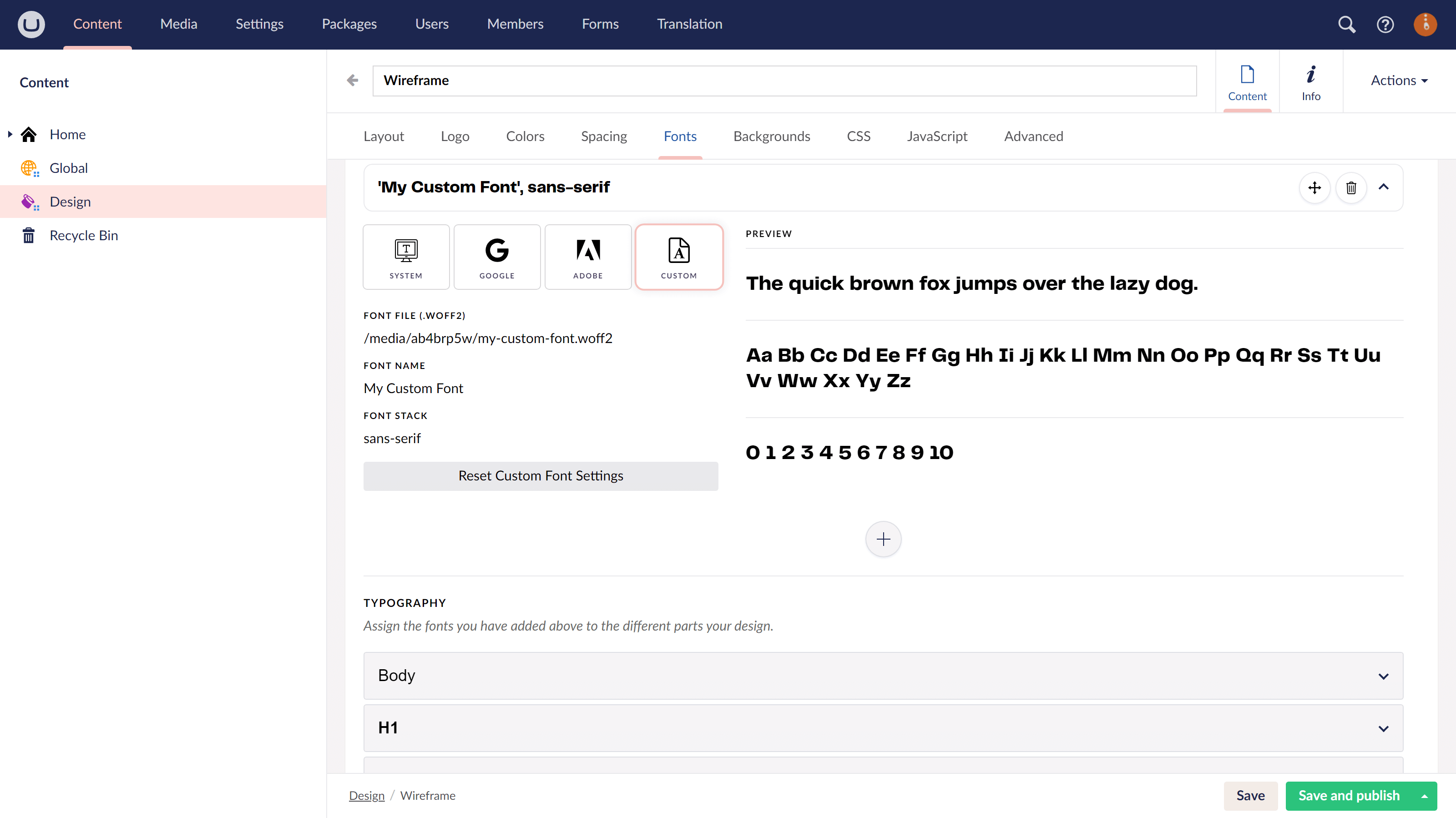 Work with Custom web fonts in uSkinned for Umbraco.