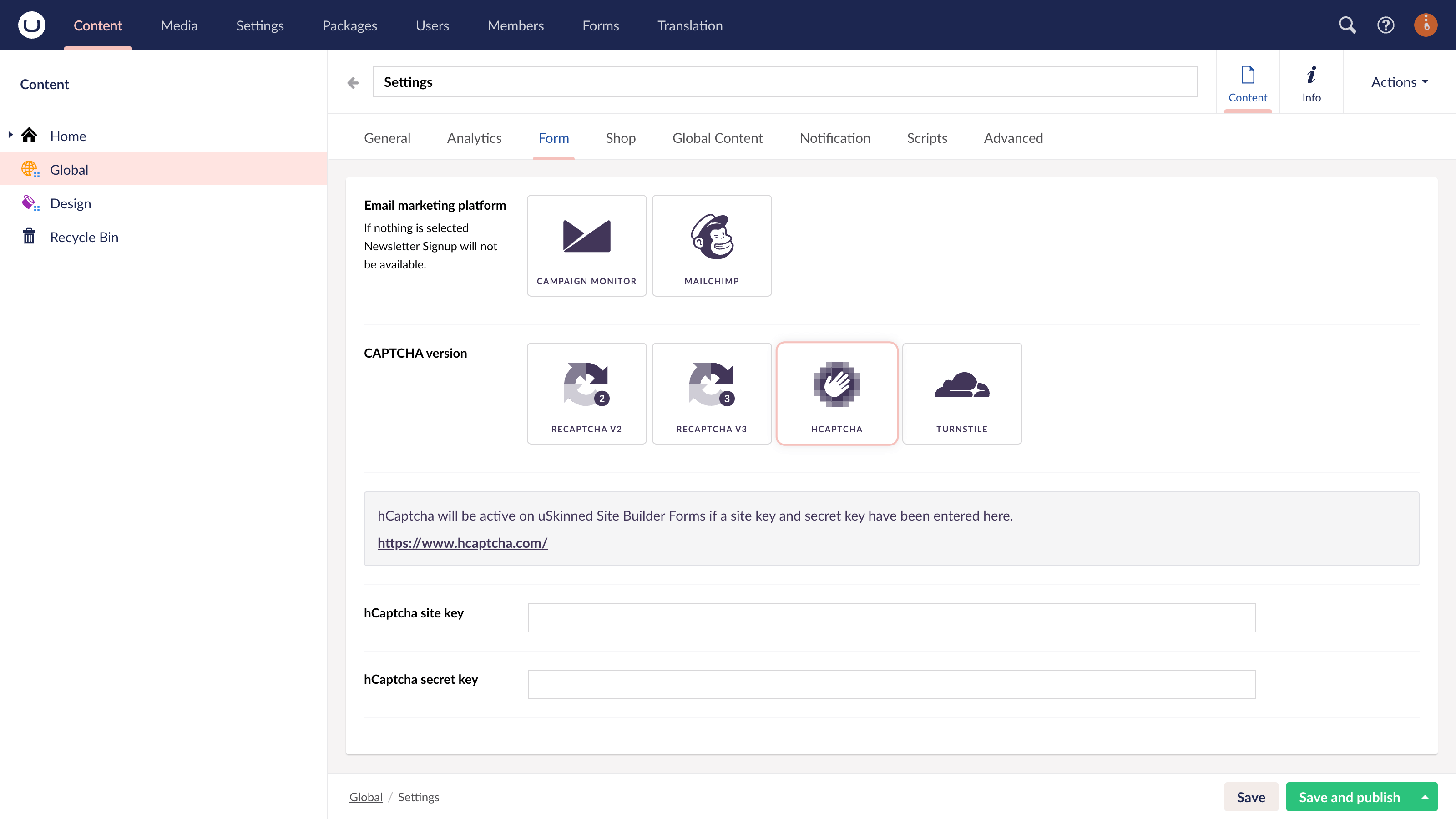 hCaptcha integration with uSkinned for Umbraco.