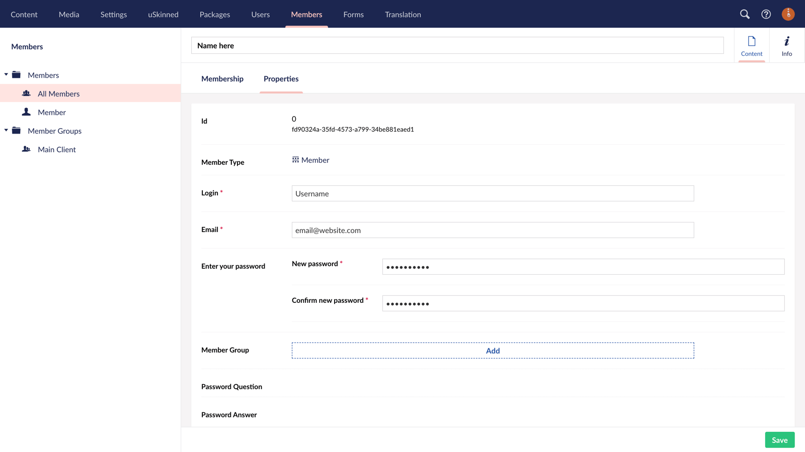 Create member properties in uSkinned for Umbraco.