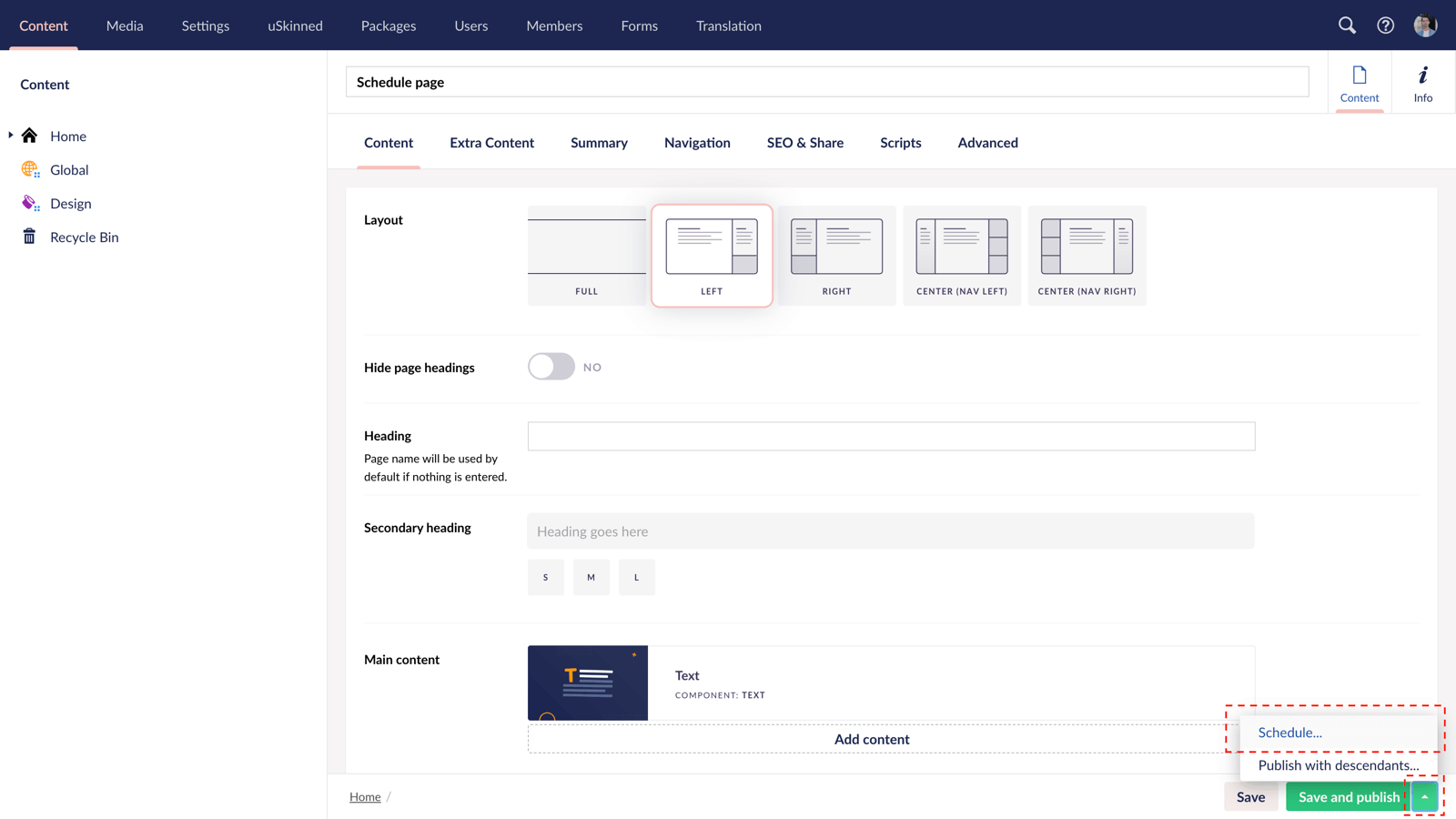Schedule your page to publish on a date and time with uSkinned for Umbraco.