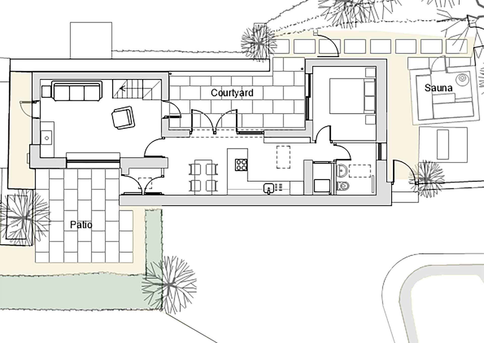 Drawing of the internal plan of Fernleigh Courtyard luxury holiday cottage, 2-bedroom holiday let accommodation.