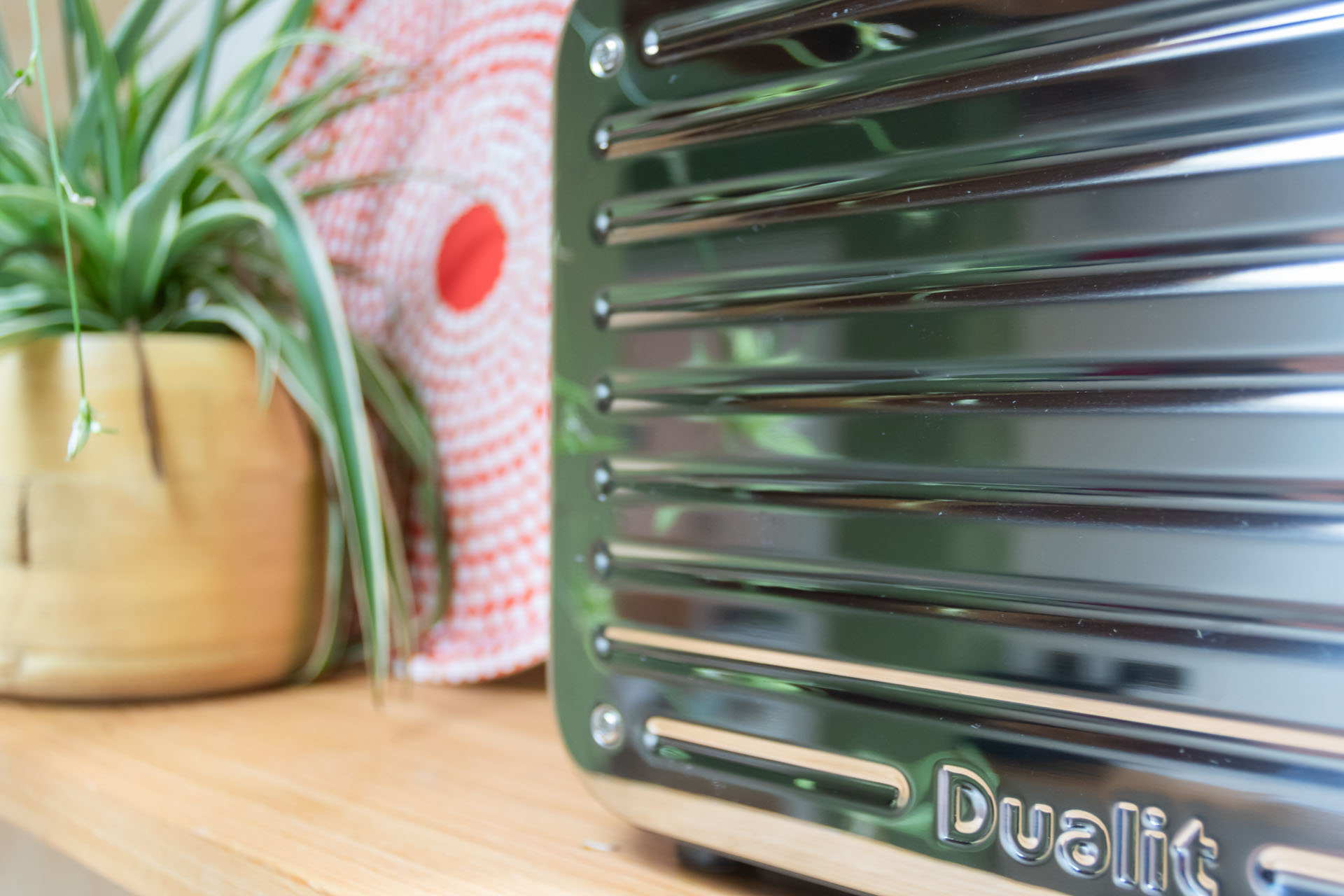 Close up of a toaster and plant pot on a kitchen shelf at Fernleigh Courtyard holiday cottage in the Wye Valley at Brockweir.