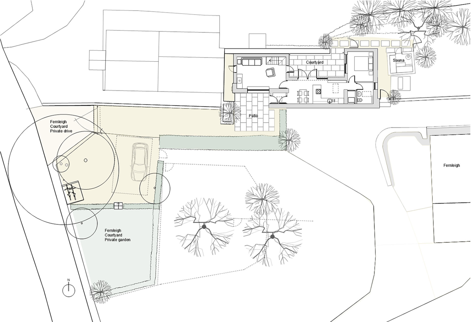 An architect's drawing of the siteplan for Fernleigh Courtyard luxury holiday cottage in the Wye Valley & Forest of Dean.