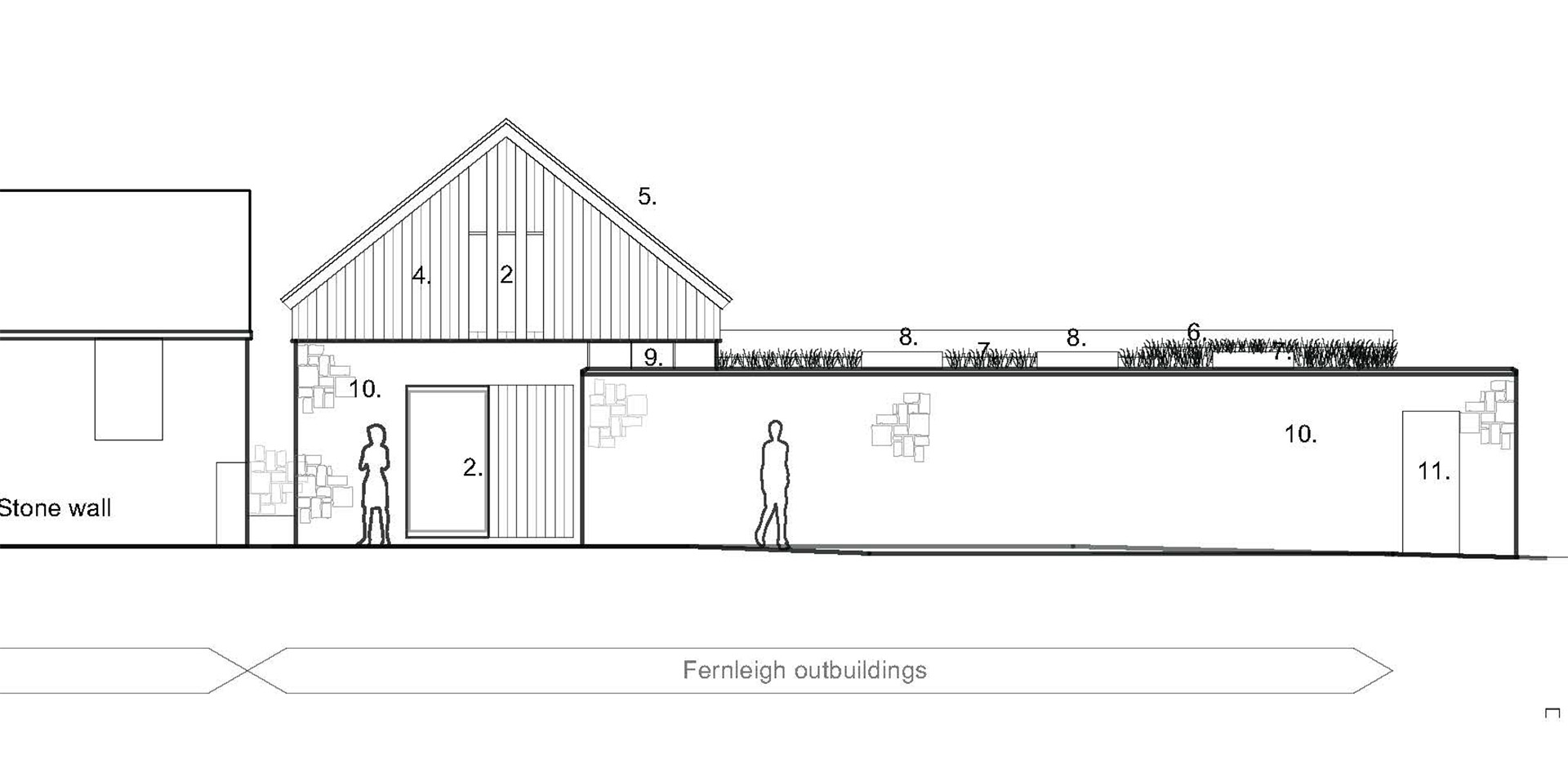 The architect's early drawing of the south elevation of Fernleigh Courtyard holiday cottage, a 2-bedroom holiday accommodaiton..