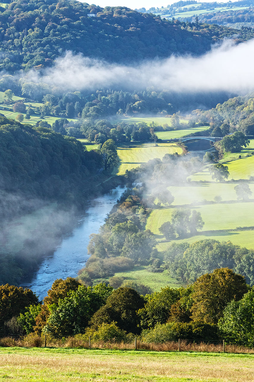 The Wye Valley on the English-Welsh border with a temperature inversion, the River Wye flowing under Bigsweir Bridge.